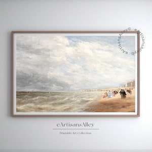 Könnte beinhalten: Ein Gemälde, das eine Meereslandschaft mit einem bewölkten Himmel und einem Strand mit Menschen darauf zeigt. Das Wasser ist unruhig und der Himmel ist hellblau mit weißen Wolken. Der Strand ist sandig und Menschen gehen am Ufer entlang. Das Gemälde ist in einem braunen Rahmen.