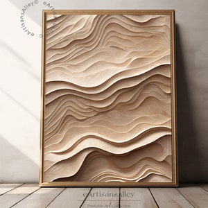 Könnte beinhalten: Abstrakter Kunstdruck mit einem beige-braunen, geschichteten Design, das an eine Landschaft erinnert. Der Druck ist in einem goldenen Rahmen gerahmt.