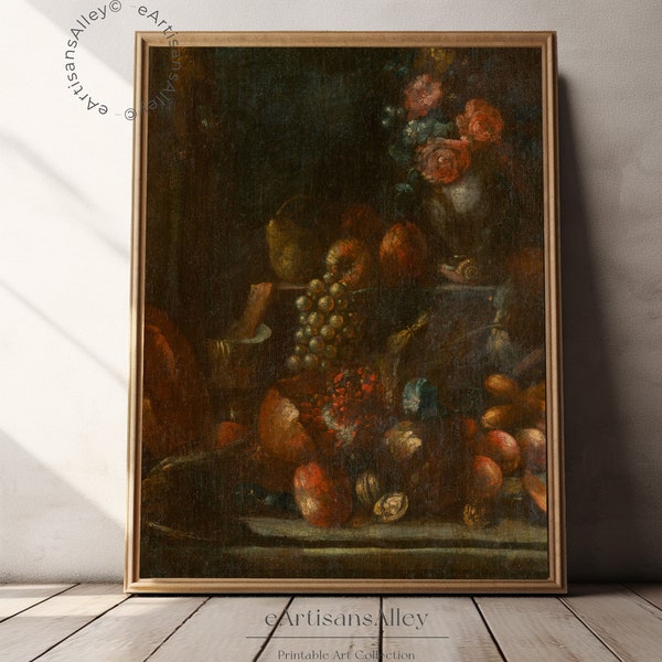 Classic Orchard Bounty | Rustic Kitchen Still Life Art | Farmhouse Orange and Bread Print | Vintage Digital Oil Painting | BYRN201