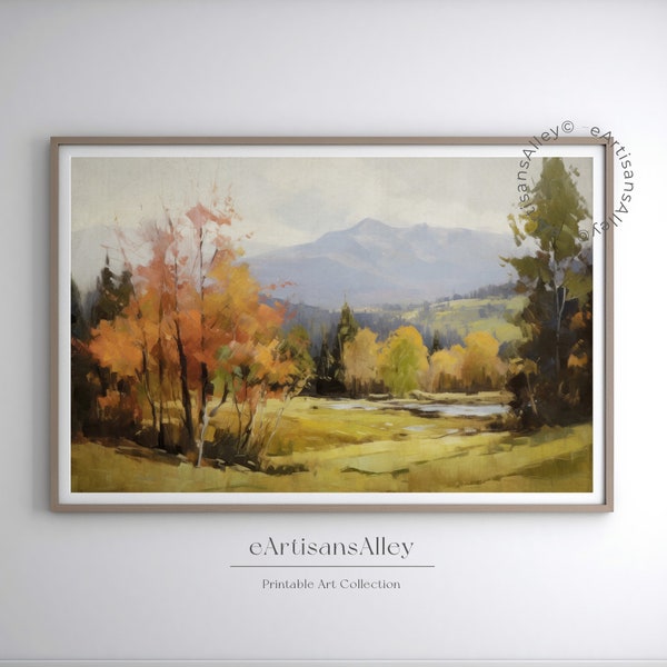 Autumn Landscape Art | Vintage Fall Colors Print | Tranquil Nature Scene with Mountain River | Impressionist Countryside Painting | BYRN124