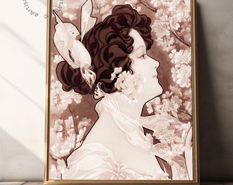 Vintage Art Nouveau Woman Portrait: Sepia Floral Illustration (Instant Download)