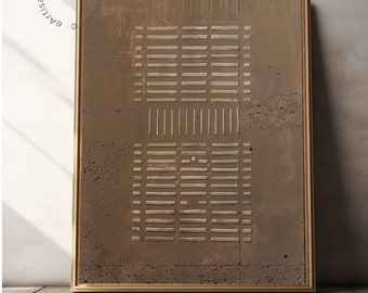 May include: Abstract geometric art print with a brown background and gold lines. The print features a repeating pattern of horizontal lines in a grid-like design.