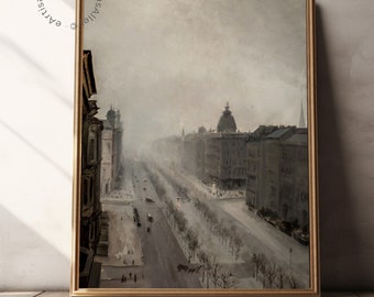 Misty European Cityscape Art: Vintage Urban Scene (Digital Print Download)