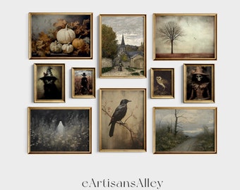 May include: A collection of nine framed prints with various Halloween themes, including a crow, pumpkins, a spooky forest, and a skeletal figure. The frames are all gold and have a vintage look.