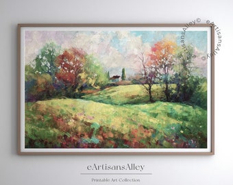 French Spring Meadow Oil Painting: Vintage Landscape Art (Digital Download)