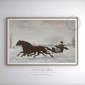 Vintage Horse Sleigh Print | Winter Landscape Art | Historical Equestrian Digital Download | Rustic Antique Sleigh Decor | BYRN-N115