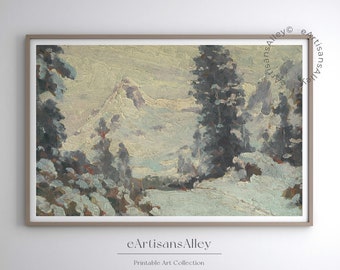 Winter Mountain Landscape Oil Painting: Vintage Rustic Art Print (Digital Download)