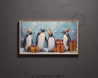 Cuadro navideño vintage de pingüino: Arte televisivo festivo (Descarga digital)