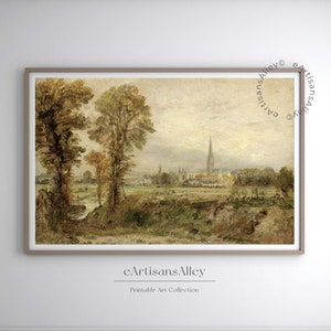 Salisbury Cathedral Landscape Art - Classic English Church Print - Downloadable Vintage Painting | BYRN132