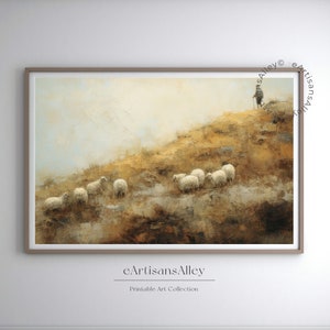 Sheep Grazing on a Hilltop Landscape Painting | Pastoral wall art Oil Painting | Antique PRINTABLE Digital Wall Art | BYRN117