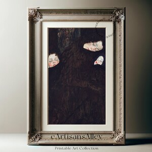 May include: A framed painting of a woman in a dark dress with three faces peeking out from under her cloak. The painting is in a silver frame with ornate details.