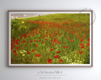 Red Poppies Field Art Print | Floral Landscape Painting | Nature Wall Art Digital Download | BYRN173