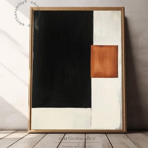 May include: Abstract geometric painting with black, white, and brown squares and rectangles. The painting is framed in a natural wood frame.