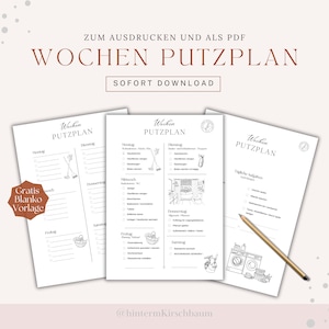 May include: Three printable weekly cleaning schedule templates in black and white. The text at the top says "To print and as PDF" and "Weekly Cleaning Plan". The templates include checklists for each day of the week, with illustrations of cleaning supplies.