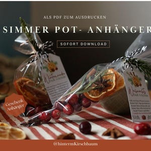 Könnte beinhalten: Zwei transparente Zellophanbeutel, gefüllt mit getrockneten Orangenscheiben, Cranberries, Zimtstangen und Sternanis, gebunden mit schwarz-weißem Garn. Die Beutel tragen Etiketten mit der Aufschrift "Simmer Pot-Anhänger" und "Gift Tag".