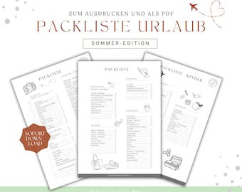 May include: A printable checklist for summer vacation, divided into three sections: "Packing List", "Packing List - Finances", and "Packing List - Kids". Each section has a list of items to pack, with checkboxes next to each item.