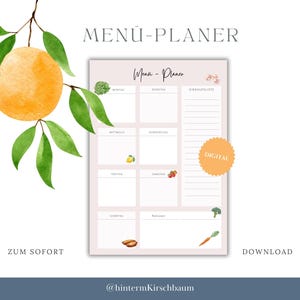 Könnte beinhalten: Ein druckbarer Menüplaner mit rosa Hintergrund und weißem Rand. Der Planer ist in sieben Abschnitte unterteilt, einen für jeden Wochentag. Jeder Abschnitt hat Platz zum Eintragen des Menüs für diesen Tag. Der Planer enthält auch einen Abschnitt für die Einkaufsliste. Der Planer hat ein digitales Download-Label und den Text "Menu - Planner" oben.