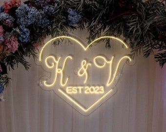 Wedding Neon Light Sign - Custom Initials Heart Design, Sign Neon Wedding, Wedding Neon Light Personlized LED Circle Neon Sign