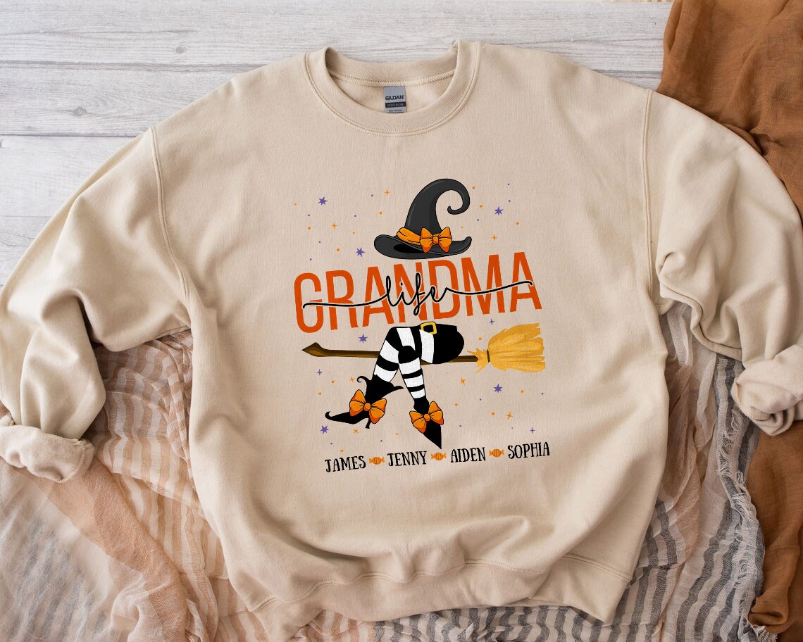 Discover Custom Halloween Grandma Witch Sweatshirt, Grandma And Grandkids Halloween Sweatshirt, Mama Life Sweatshirt, Mom Halloween Gift