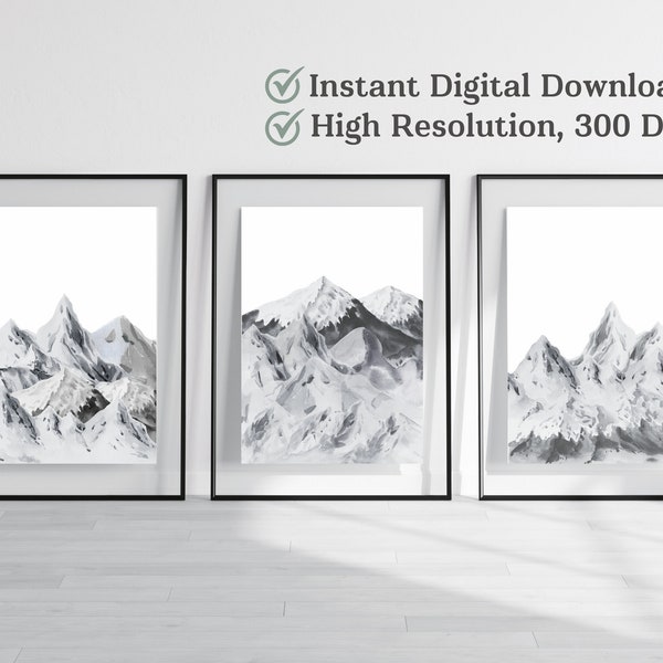 3 Piece Watercolor Mountain Printable Wall Art Prints Minimalist Indie Home Room Decor, First Home Housewarming Going Away Paintings Gift