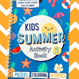 May include: A blue spiral bound activity book for kids with a summer theme. The cover features a smiling sun, a watermelon, a pineapple, a starfish, a palm leaf, and the text "Kids Summer Activity Book". The book is for ages 7-11 and includes puzzles, coloring, and activities.