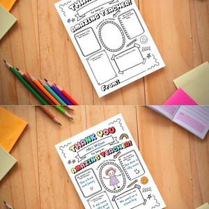 May include: Two white fill-in-the-blank teacher appreciation cards with the words "Thank You Amazing Teacher" in colorful text. One card is blank, and the other is filled out with a drawing of a teacher and the name "Mrs. Wilson". Colored pencils and sticky notes surround the cards.