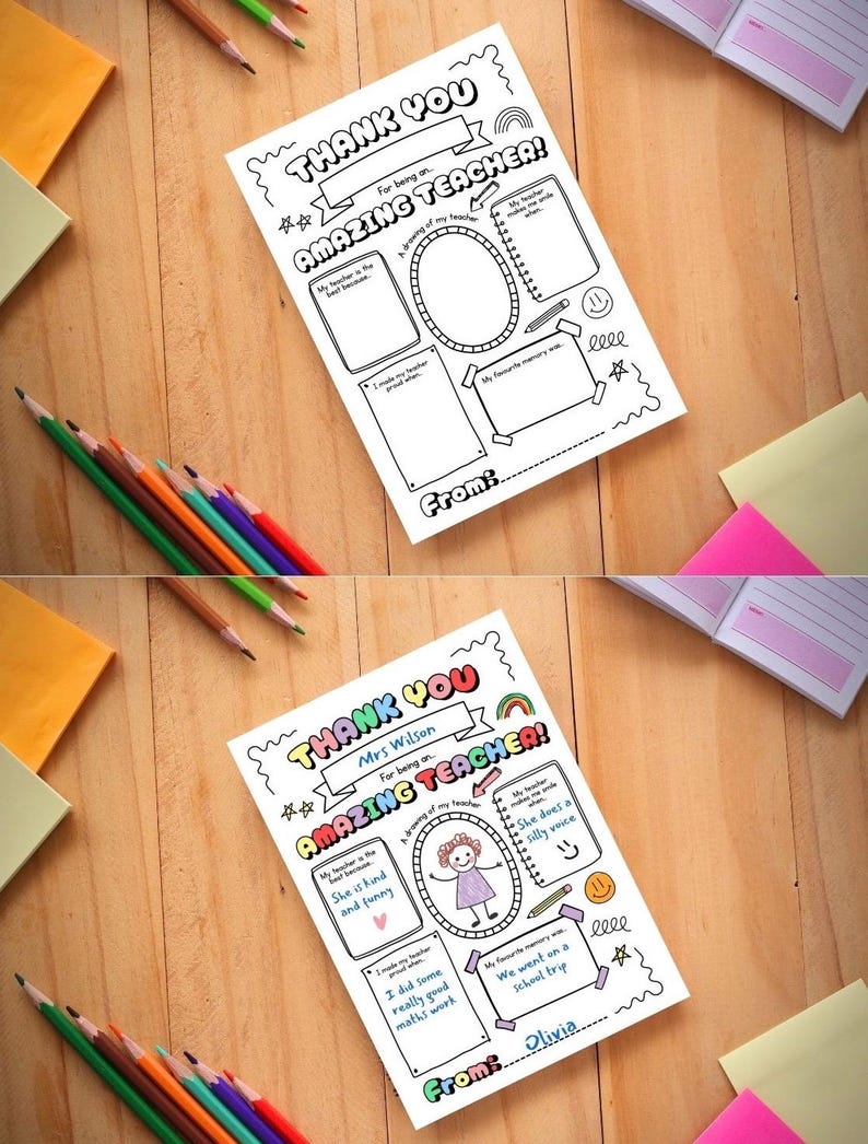 May include: Two white fill-in-the-blank teacher appreciation cards with the words "Thank You Amazing Teacher" in colorful text. One card is blank, and the other is filled out with a drawing of a teacher and the name "Mrs. Wilson". Colored pencils and sticky notes surround the cards.