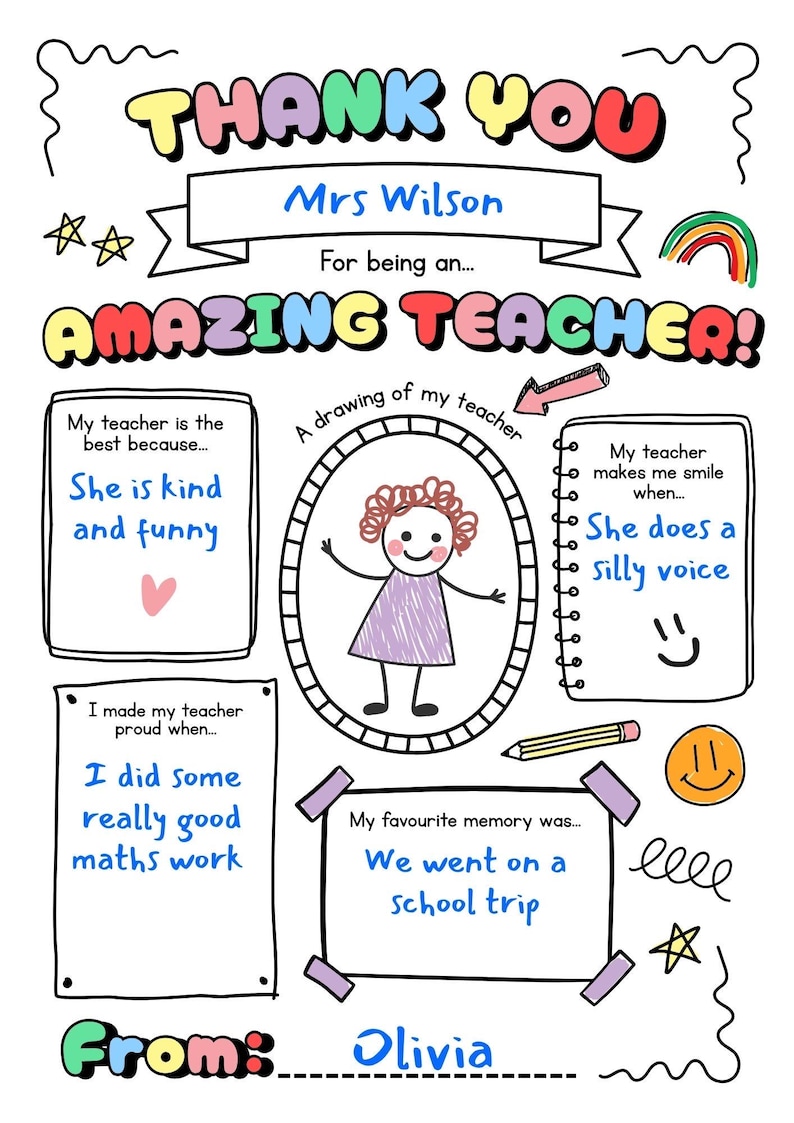 May include: A colorful, hand-drawn thank you card for a teacher, featuring the words "THANK YOU AMAZING TEACHER!" and a drawing of a teacher. Includes text boxes with phrases like "She is kind and funny" and "We went on a school trip."