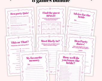 Hen party games x 8 - Instant digital download - printable pdf file A4 A5 - bachelorette fun game pink classic clean scavenger advice clean