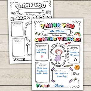 May include: Two printable "Thank You" cards for teachers. The cards have a black outline with colorful text and drawings. One card is blank, and the other is filled out with the name "Mrs. Wilson" and the name "Olivia".