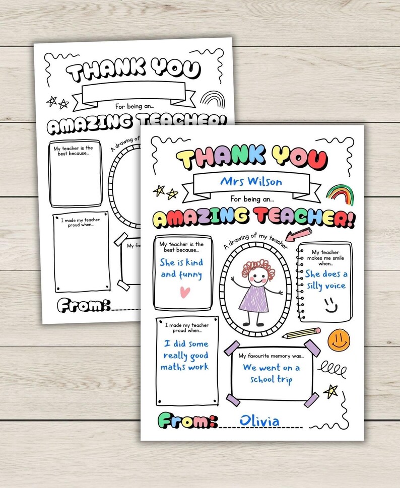 May include: Two printable "Thank You" cards for teachers. The cards have a black outline with colorful text and drawings. One card is blank, and the other is filled out with the name "Mrs. Wilson" and the name "Olivia".
