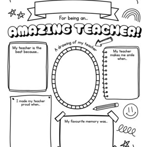 May include: Black and white printable "Thank You" teacher appreciation sheet. Includes space for a drawing, memories, and reasons why the teacher is amazing. Features the words "Thank You" and "Amazing Teacher!"