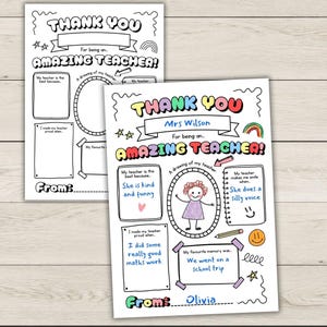 May include: Two printable "Thank You" cards for teachers. The cards have space for drawings and personalized messages. One card is blank, and the other is filled out with colorful text and drawings, including the words "Amazing Teacher!"