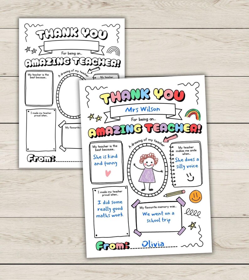 May include: Two printable "Thank You" cards for teachers. The cards have space for drawings and personalized messages. One card is blank, and the other is filled out with colorful text and drawings, including the words "Amazing Teacher!"
