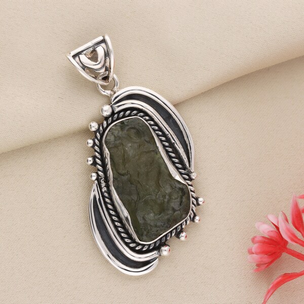 Certified Raw Moldavite Pendant, Raw Gemstone Jewelry, 925 Sterling Silver, Jewelry Gift For Women's, Handmade Pendant For Girls