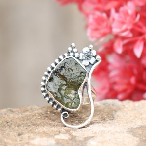 Natural Moldavite Silver Ring, Rough Moldavite Ring, 925 Solid Sterling Silver, Moldavite From Czech Republic, Handmade Gemstone Jewelry