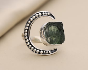 Moldavite Raw Ring, Moon Shape Ring, Gemstone Handmade Jewelry, Adjustable Ring for Women's, 925 Sterling Silver, Jewelry for Gift women