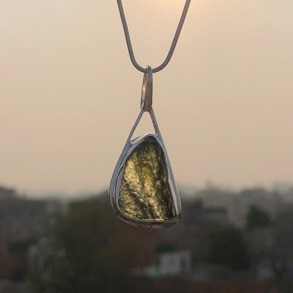 Moldavite Raw Pendant, Handmade Gemstone Jewelry, Moldavite From Czech Republic, Pendant For Girls, 925 Sterling Silver Jewelry