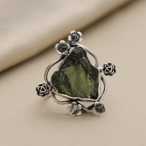 Natural Moldavite Ring, 925 Sterling Silver Handmade Jewelry, Raw Moldavite From Czech Republic, Christmas Gift For Women