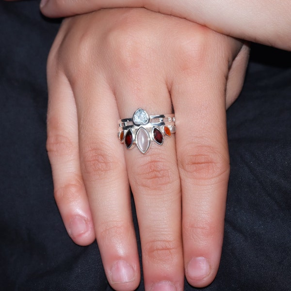 Peach Moonstone Ring, Natural Garnet Ring, Blue Topaz Ring, Handmade Gemstone Jewelry, 925 Sterling Silver Ring