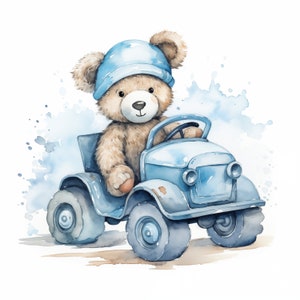 Ours en peluche bleu aquarelle bébé garçon - avions - camions, pack de cliparts baby shower, PNG transparents
