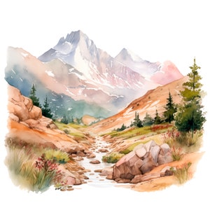 10 Aquarell Berg Creek Landschaft Clipart, Reise Urlaub Clipart, Gebirge, für kommerzielle Nutzung sofortiger Download, PNG