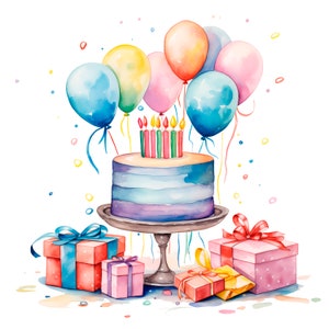 10 balões de presente de bolo de festa de aniversário em aquarela pacote de clipart, coleção de feliz aniversário, convites de cartões de aniversário, uso comercial