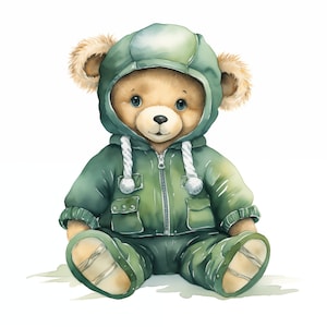 Watercolor green teddy bear baby boy - airplanes - trucks, baby shower clipart pack, transparent PNG