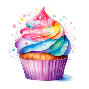 10 clipart de aquarela de cupcake colorido | Arquivos PNG Clip Art | Cartão de aniversário, download digital, criação de cartões, registro no diário, calendário, camiseta