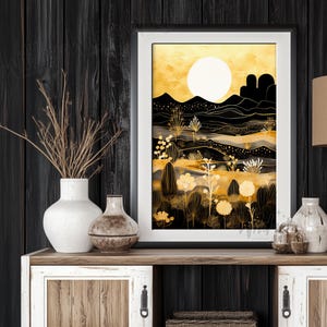 Black and Gold Desert Landscape Poster – Southwestern Celestial Wall Art Print – Modern Boho Minimalist Botanical Artwork