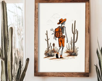 Skeleton Cowboy Wall Art | Rustic Western Print with Burnt Orange Outfit, Desert Cactus Linework and Vintage Style for Office or Gift