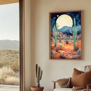 Mondaufgang Wüste Kaktus Poster - Aquarell Landschaft Wand Kunst Druck – Südwestliches Boho Kunstwerk mit Wildblumen für die Innendekoration