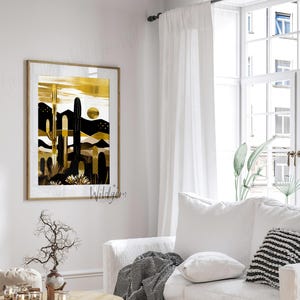 Black and Gold Cactus Poster – Modern Desert Landscape Wall Art Print – Southwestern Minimalist Boho Artwork for Home Decor