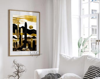 Black and Gold Cactus Poster – Modern Desert Landscape Wall Art Print – Southwestern Minimalist Boho Artwork for Home Decor